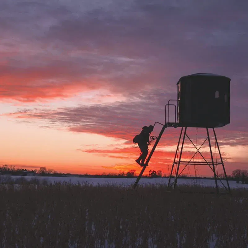 A silhouette of a person standing on a ladder at sunset