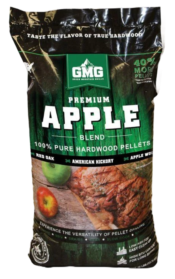 A bag of gmg premium apple blend hardwood pellets.