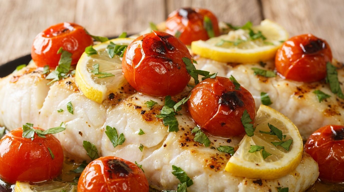 Baked fish fillets topped with cherry tomatoes, lemon slices, herbs, and olive oil