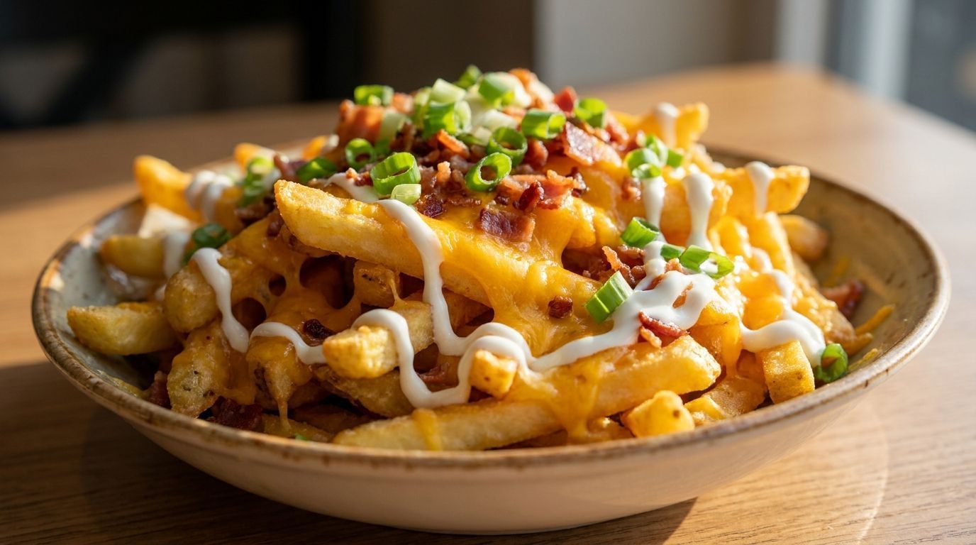 Loaded fries topped with melted cheese, bacon bits, green onions, and drizzled sauce in a bowl