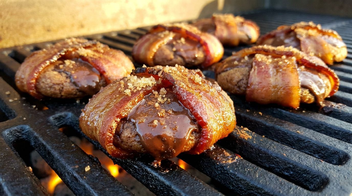 Bacon-wrapped appetizers sizzling on a grill grate, browned and glazed with seasoning