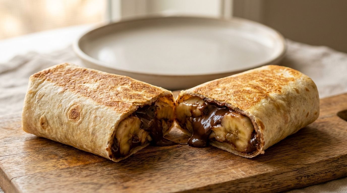 Two toasted chocolate banana burritos on a wooden board, with a bowl in the background