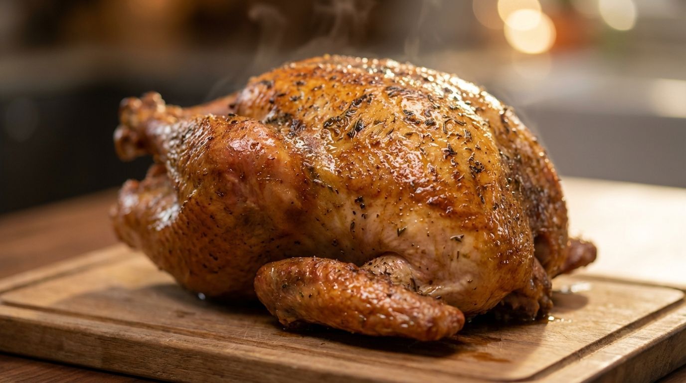 Roasted chicken on a wooden cutting board, golden brown and steaming.