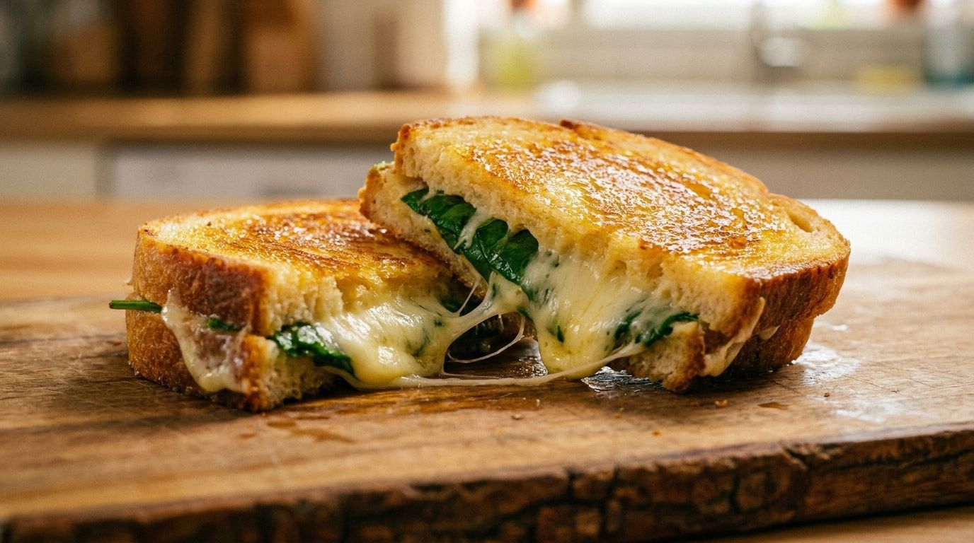 Grilled cheese sandwich oozing melted cheese on a wooden cutting board