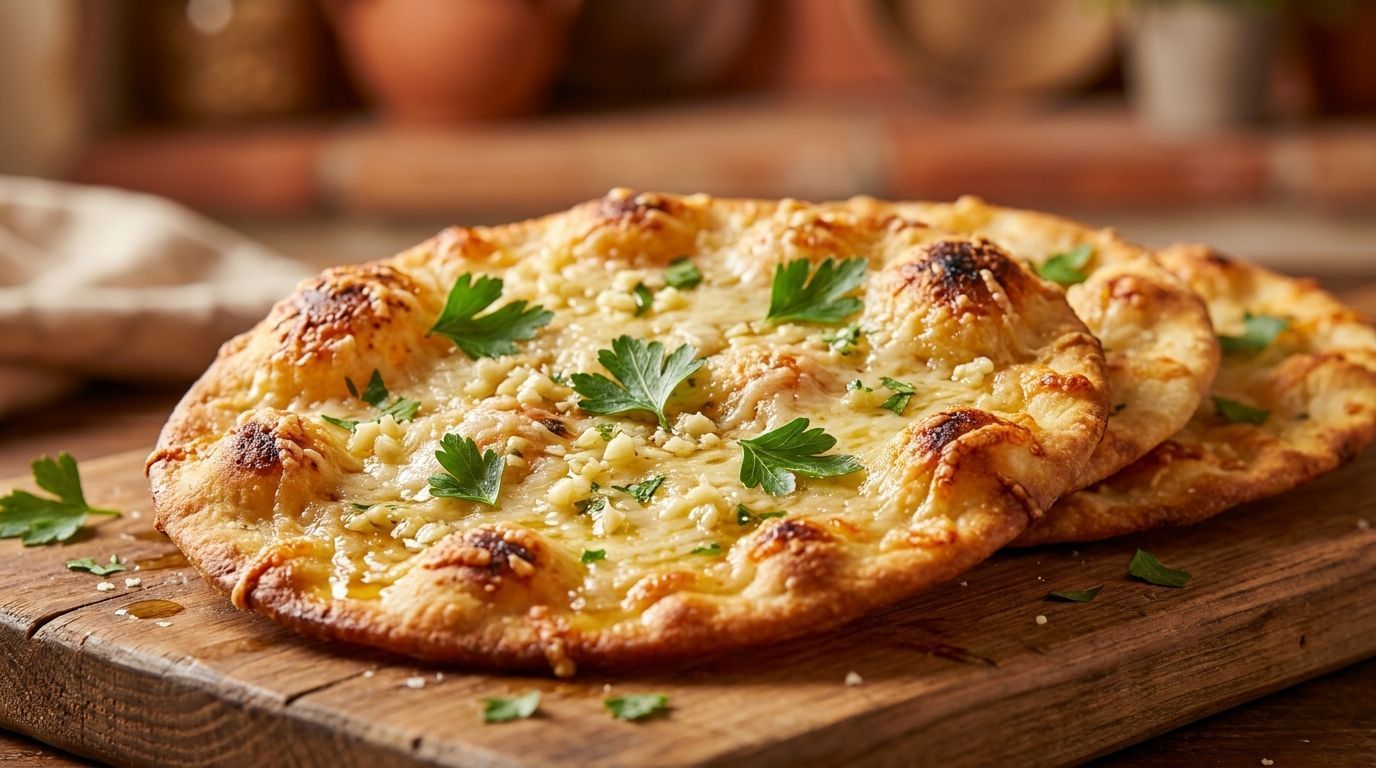 Golden naan flatbreads topped with herbs on a wooden board, with more stacked behind.