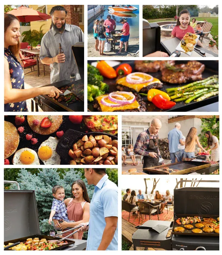 A collage of pictures of people cooking food on a grill.