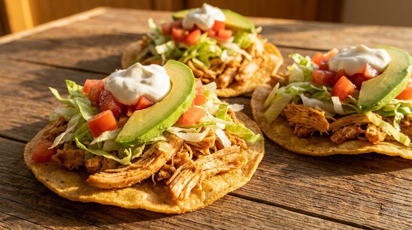 Three chicken tostadas topped with avocado, salsa, and sour cream on a wooden table