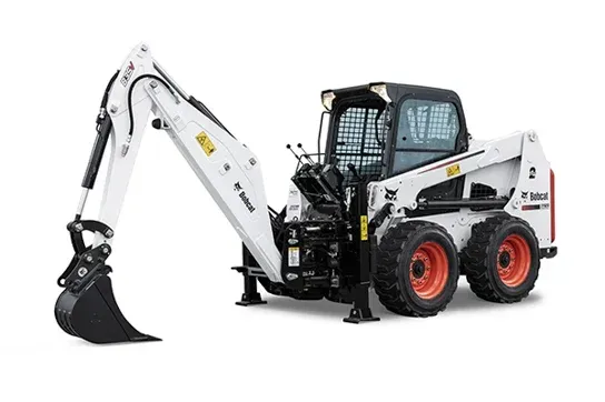 A bobcat backhoe with a large bucket on a white background.