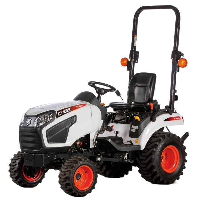 A small white bobcat tractor with orange wheels on a white background.