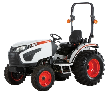 A white and black bobcat tractor with red wheels on a white background