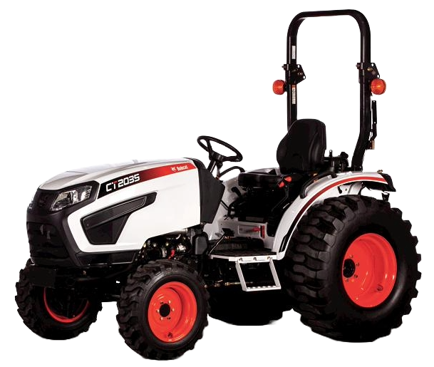 A white and black bobcat tractor with red wheels on a white background.