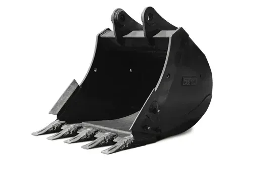 A black bucket with teeth on a white background