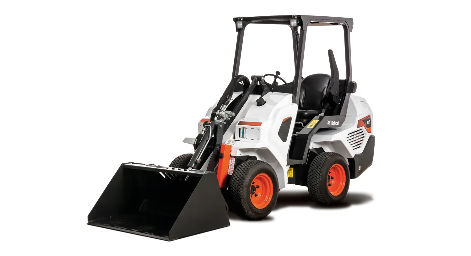 a bobcat tractor with a large bucket on a white background