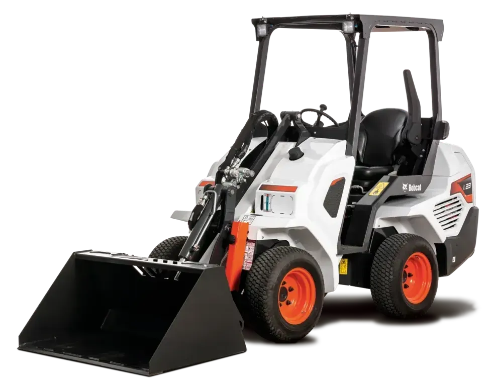 A small bulldozer with a large bucket on a white background.