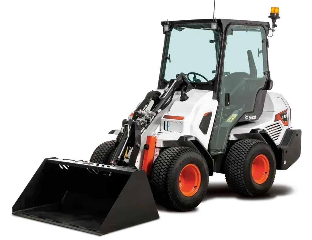 A small bulldozer with a large bucket on a white background.