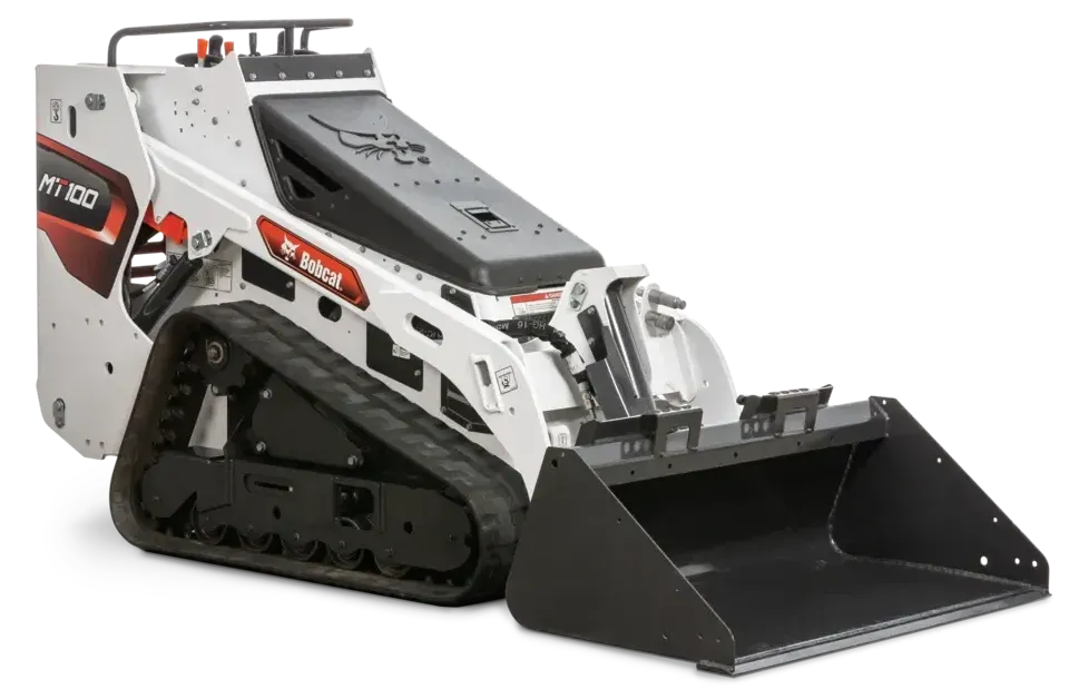 A bobcat track loader with a large bucket on a white background.