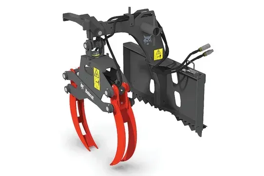 A red and black machine with a saw attached to it on a white background.