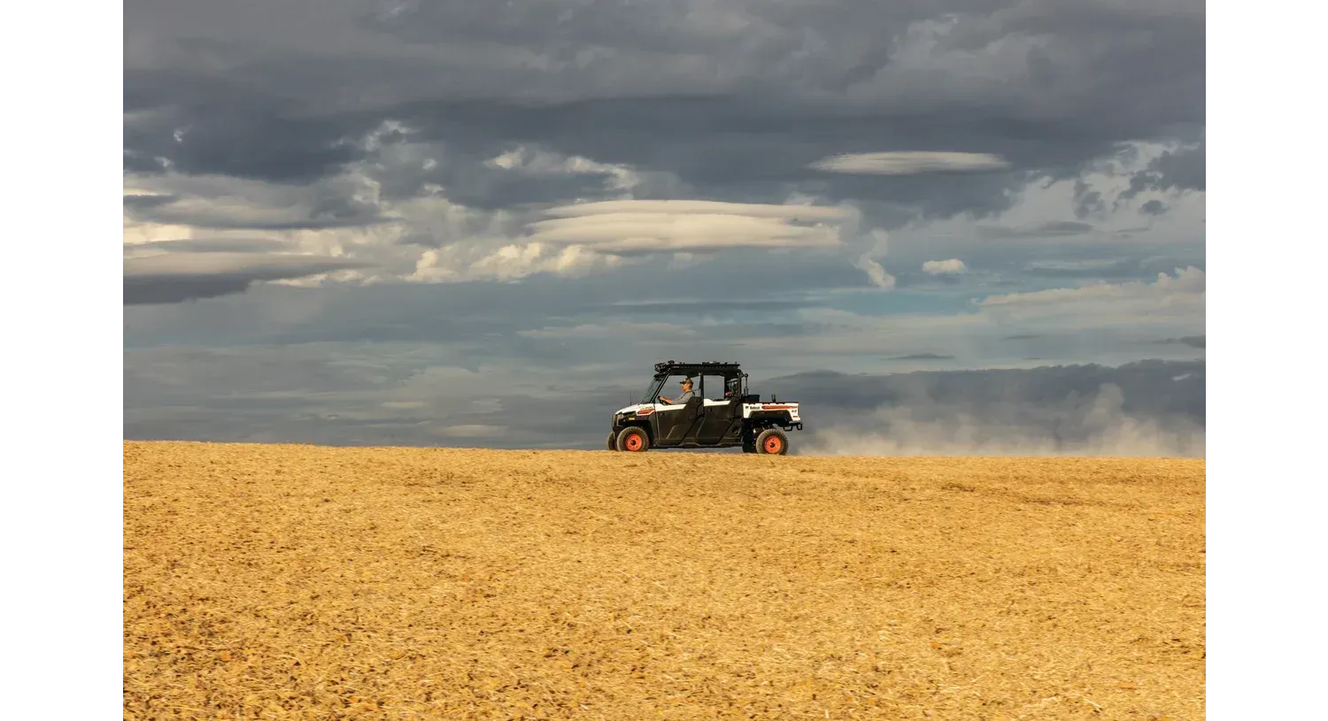 a Bobcat utility vehicle is driving through a field of wheat .