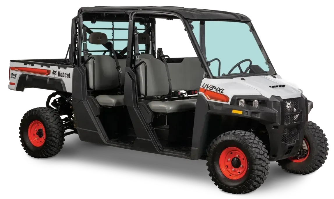 A bobcat utility vehicle with four seats on a white background.