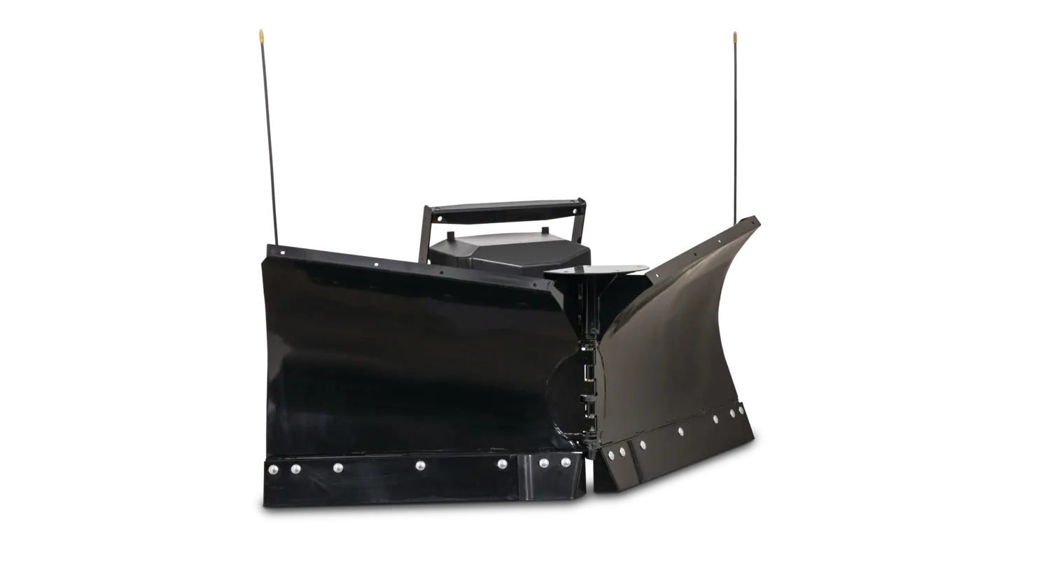 A black snow plow is sitting on a white surface.