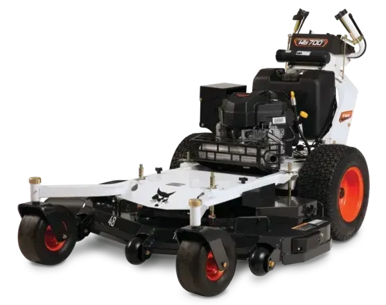 a black and white lawn mower with orange wheels on a white background .