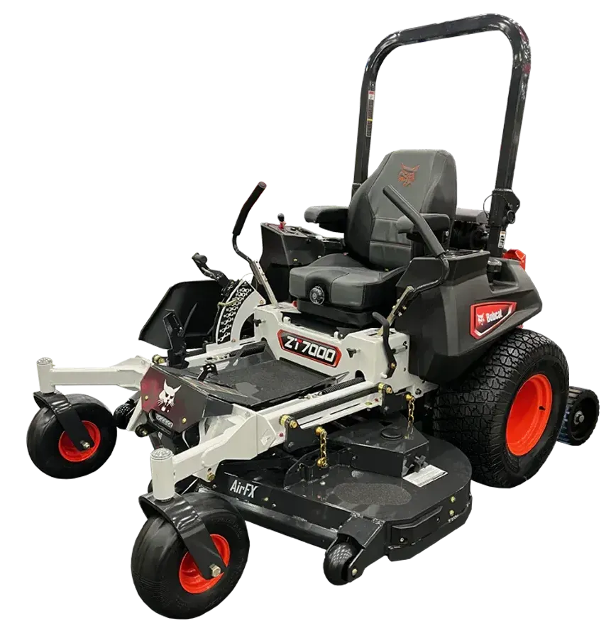 a black and white lawn mower with orange wheels on a white background .