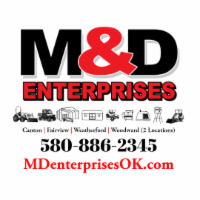 A logo for m & d enterprises with a phone number