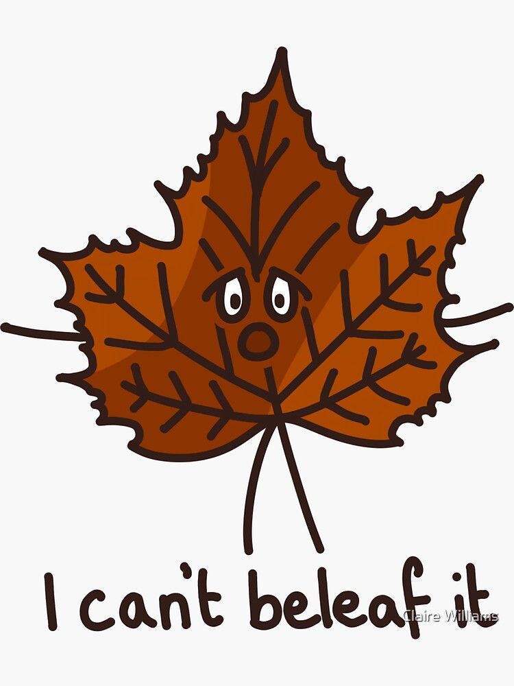 A maple leaf with a face and the words 