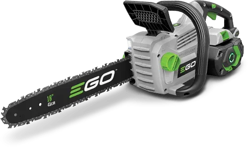 a ego chainsaw is sitting on a white surface .