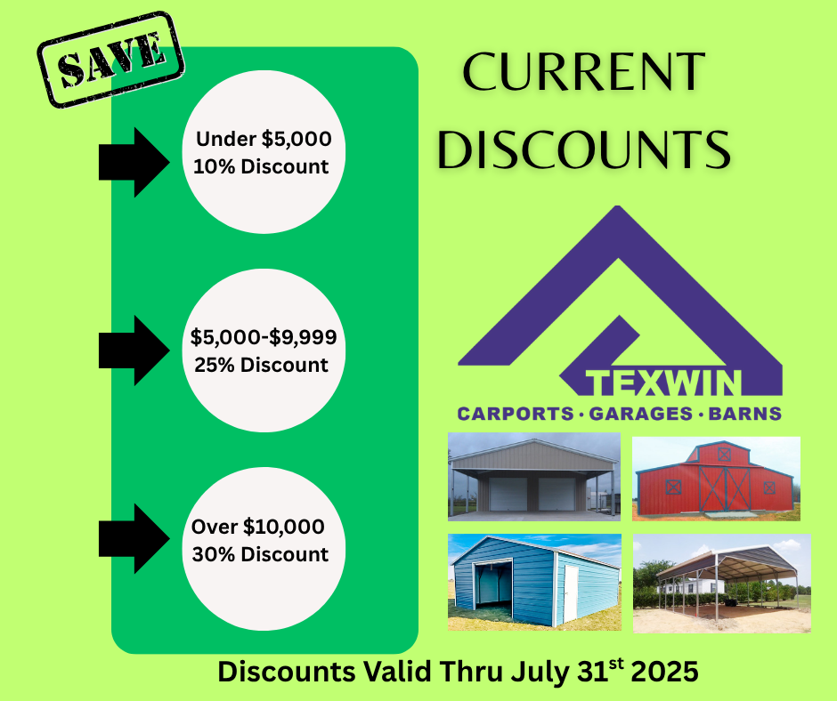 Texwin carports garage barns is offering a christmas promotion for orders under $ 5k.