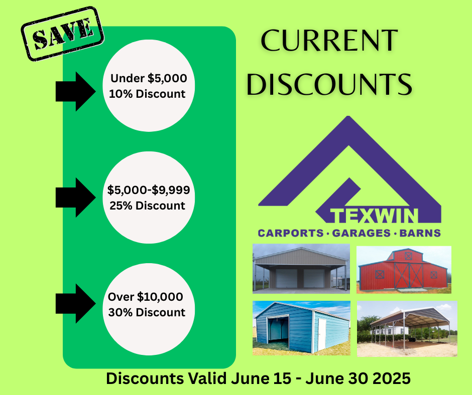 Texwin carports garage barns is offering a christmas promotion for orders under $ 5k.