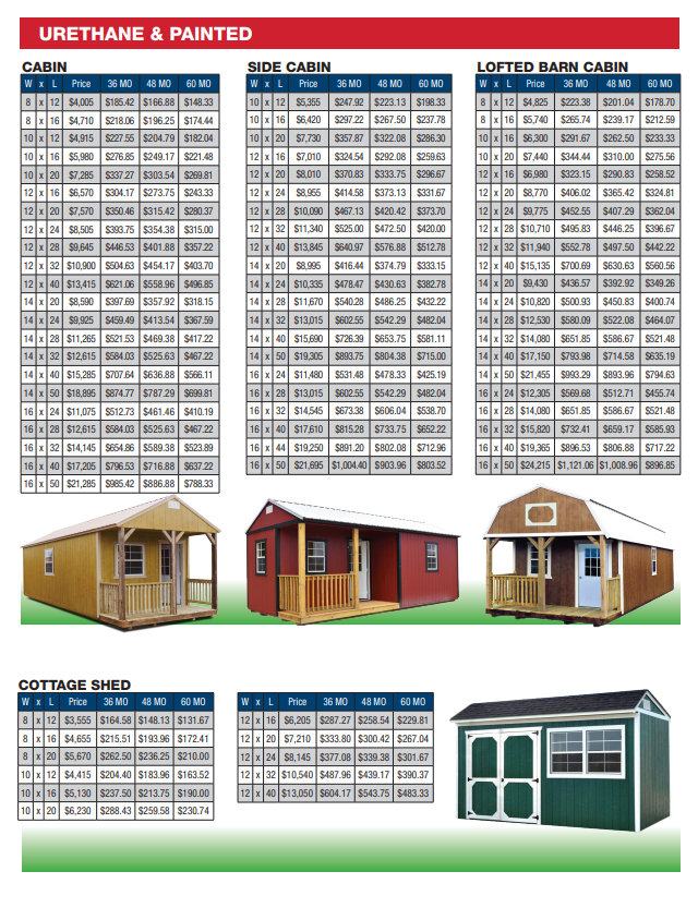 A brochure for urethane and painted cabins and lofted barn cabins