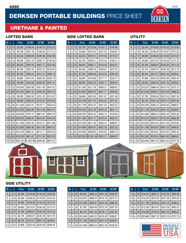 A price sheet for portable buildings made in the usa