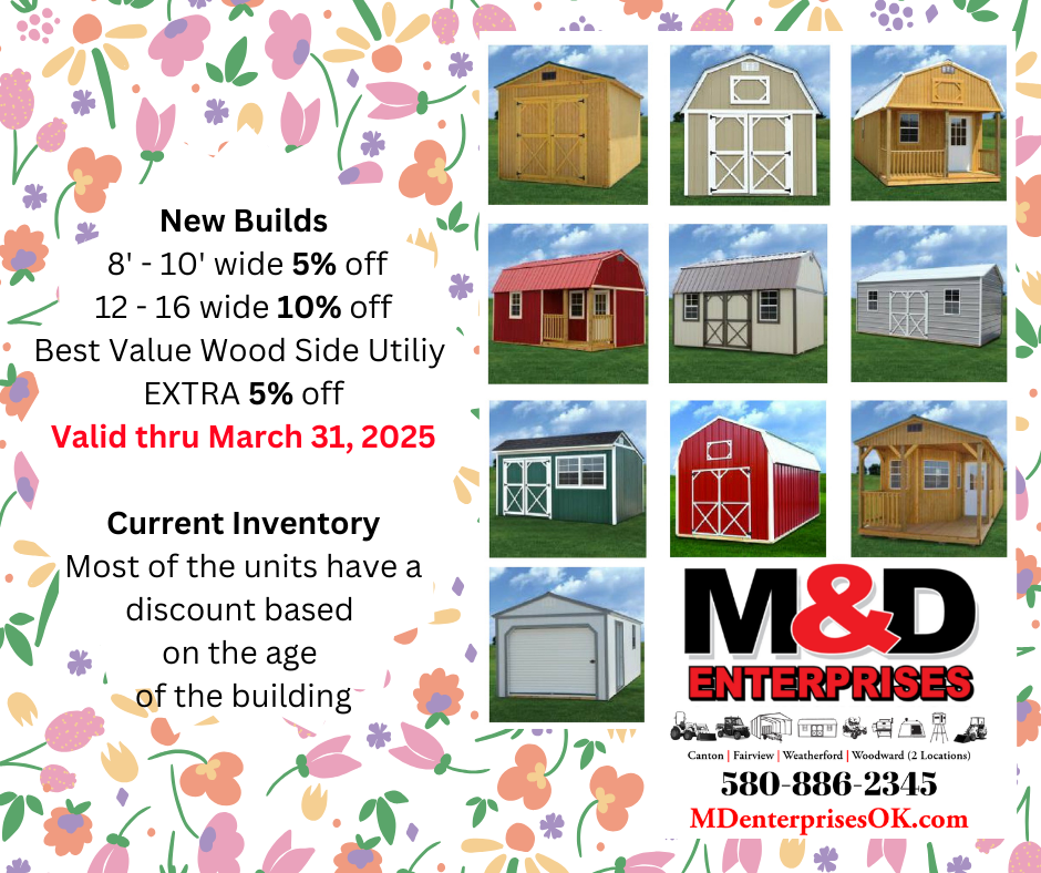 An advertisement for m & d enterprises shows a variety of garages