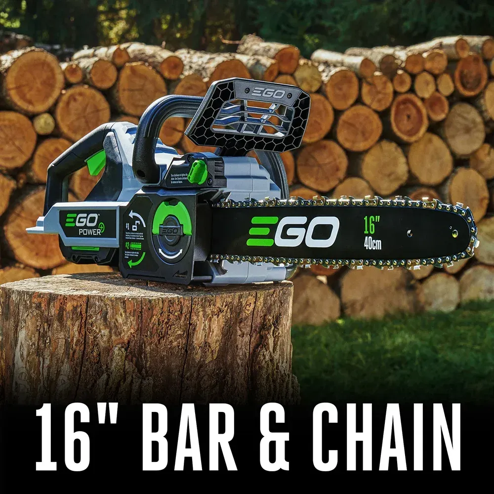 A chainsaw is sitting on top of a stump in front of a pile of logs.