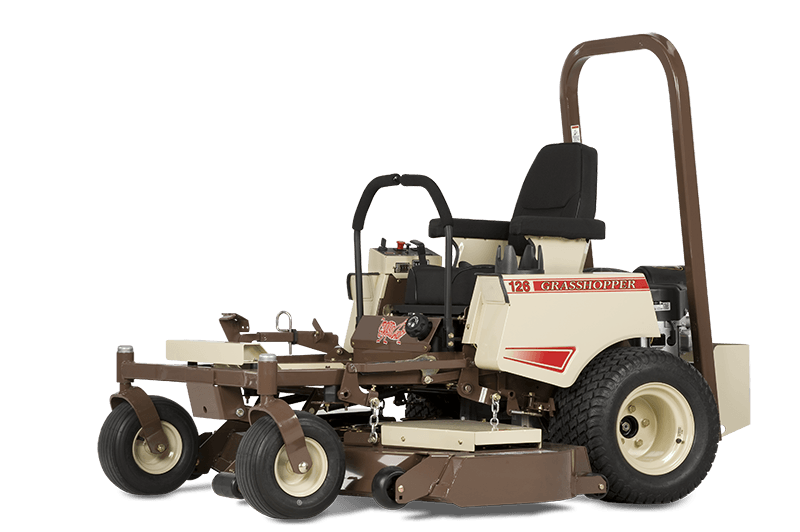 a brown and white grasshopper lawn mower on a white background