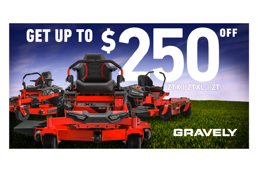 An advertisement for gravely lawn mowers that says get up to $ 250 off