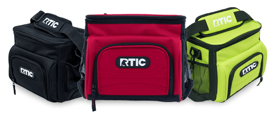 Three rtic bags are sitting next to each other on a white background.