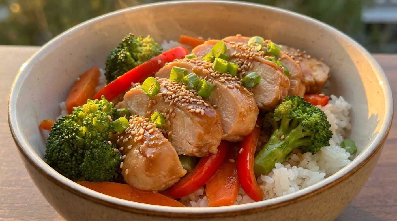 Rice bowl with sliced chicken, broccoli, and red peppers in a beige bowl