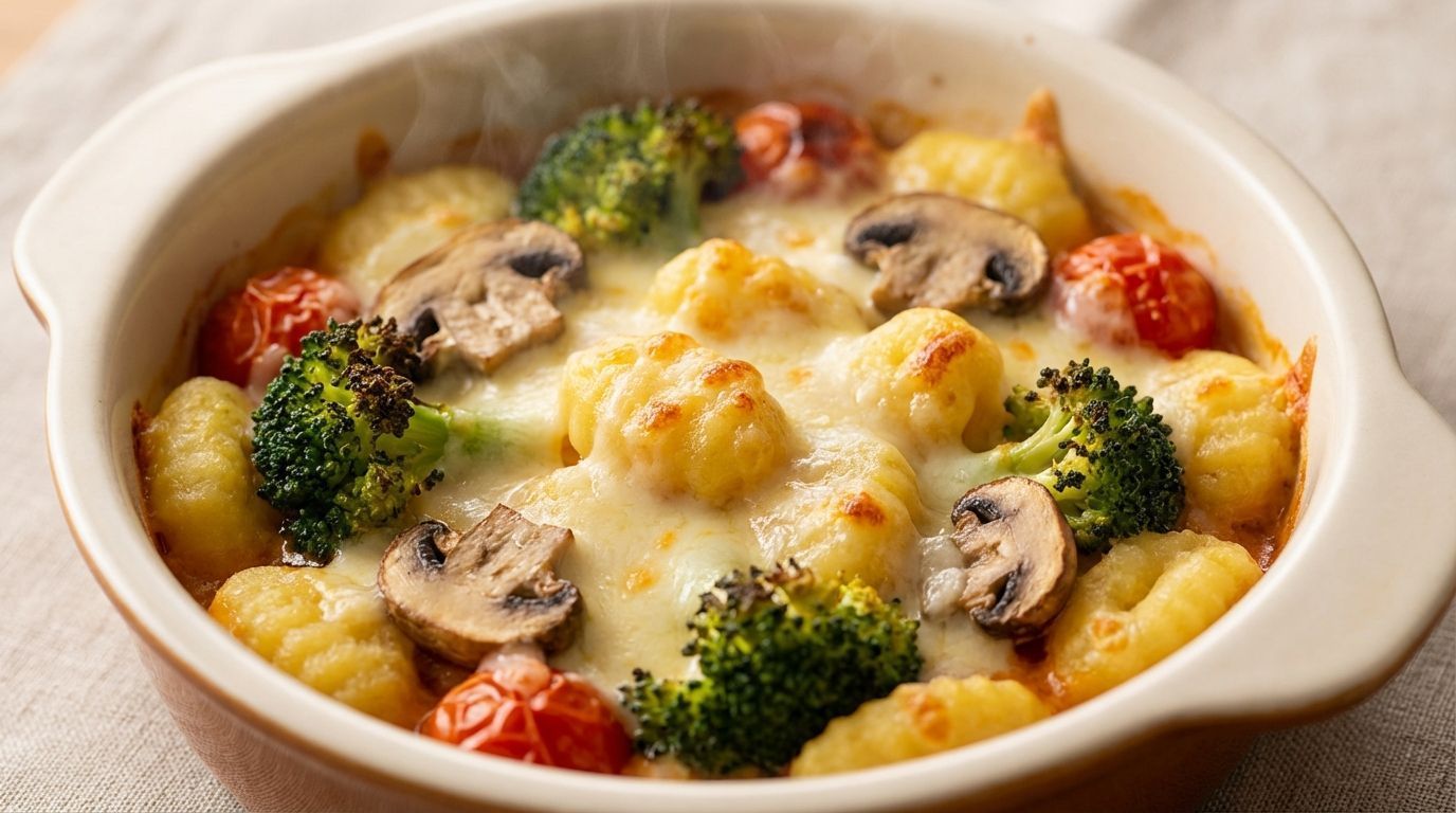 Gnocchi bake with broccoli, mushrooms, and tomatoes, topped with melted cheese, in a round, light brown dish.