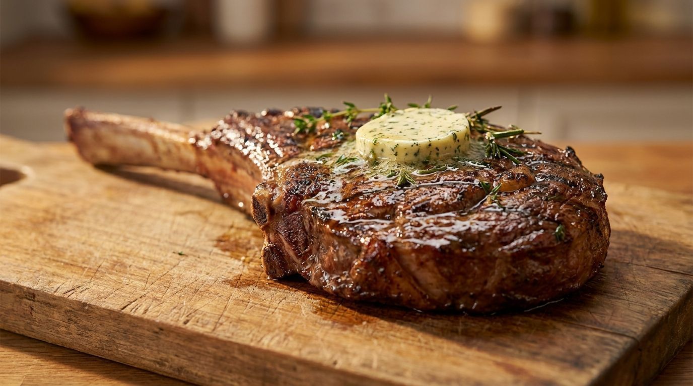Grilled steak with melting butter and herbs on a wooden cutting board