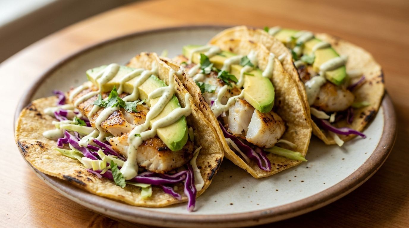 Three tacos on a plate with avocado, cabbage, and sauce