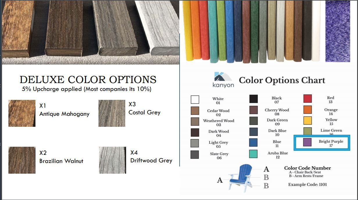 A deluxe color options and color options chart for a kanyon chair
