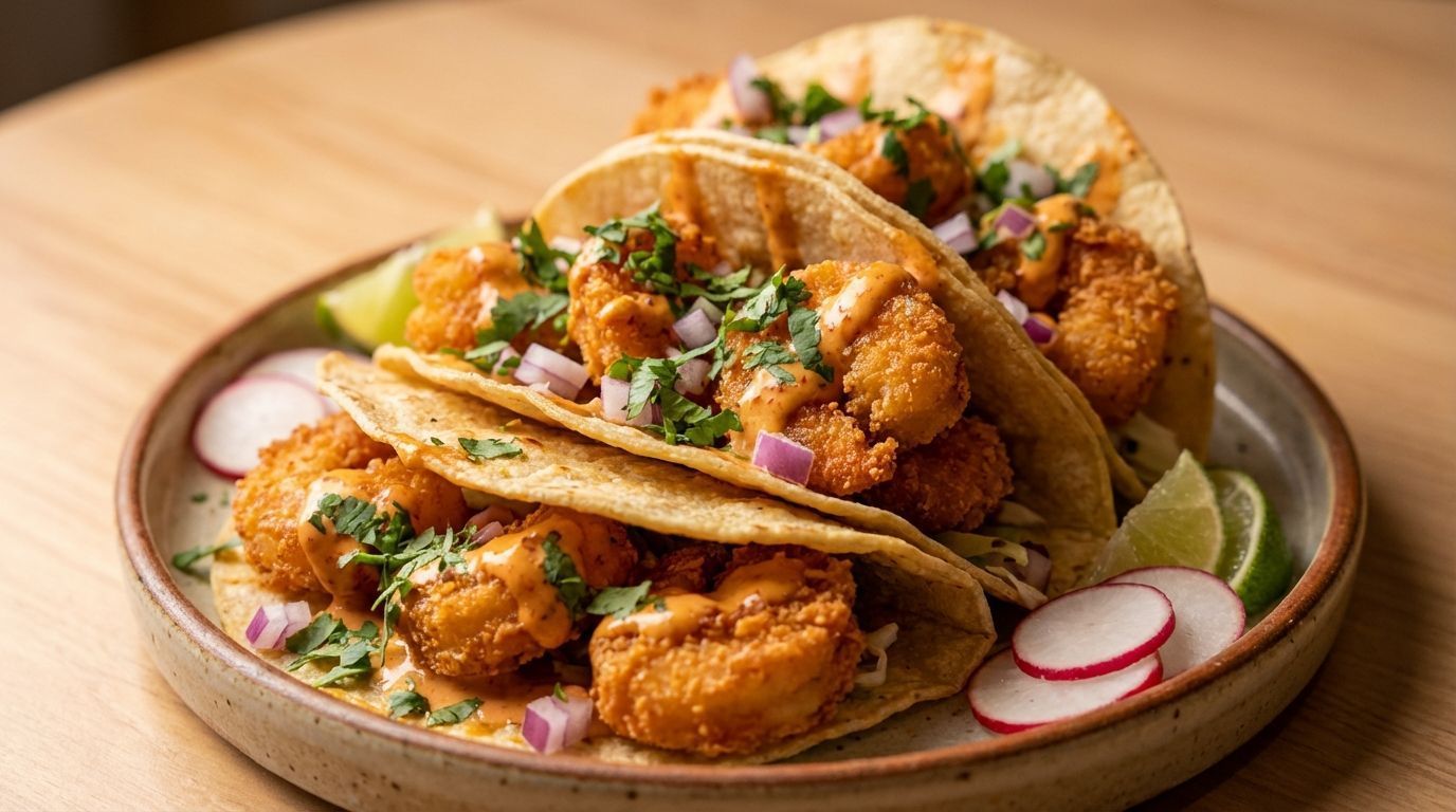 Three crispy shrimp tacos topped with cilantro, red onion, and spicy sauce, served on a plate with lime wedges and radishes.