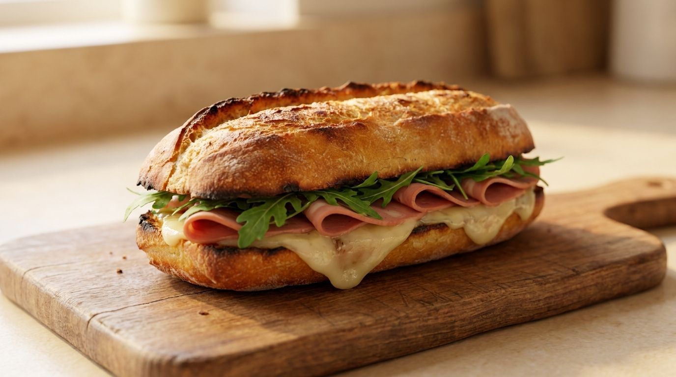 Grilled sandwich with melted cheese, tomato, and greens on a wooden cutting board