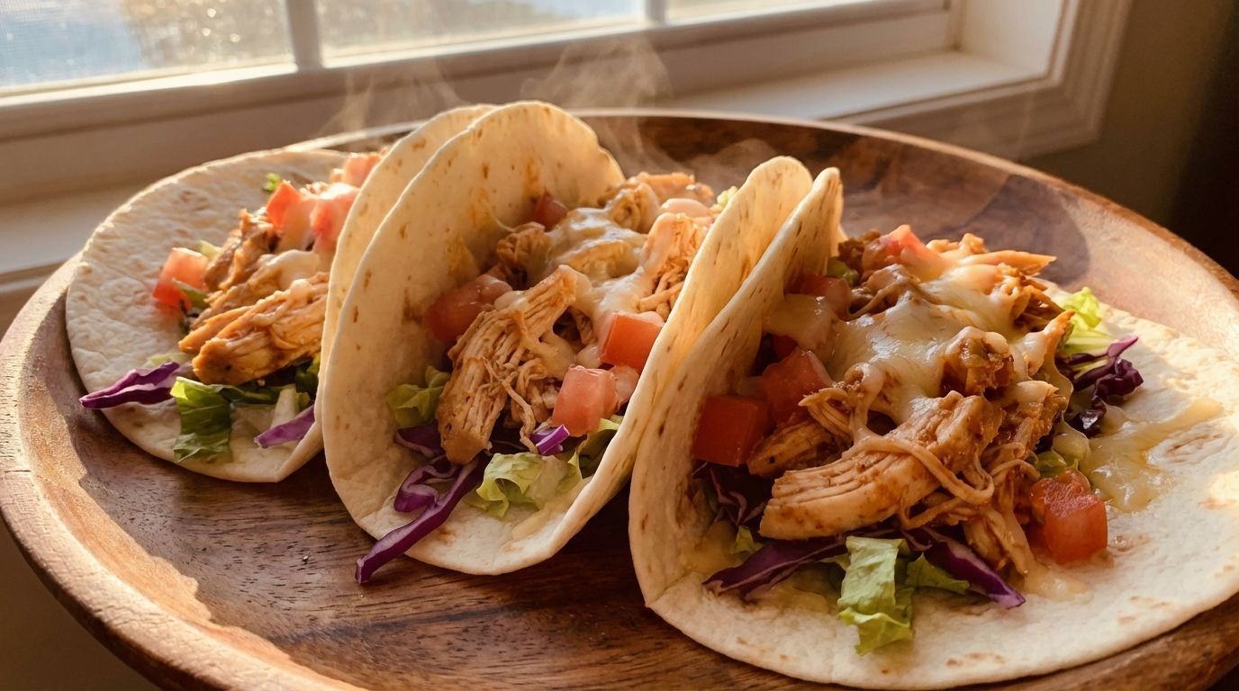 Three chicken tacos on a wooden plate, topped with diced tomatoes, cabbage, and sauce.