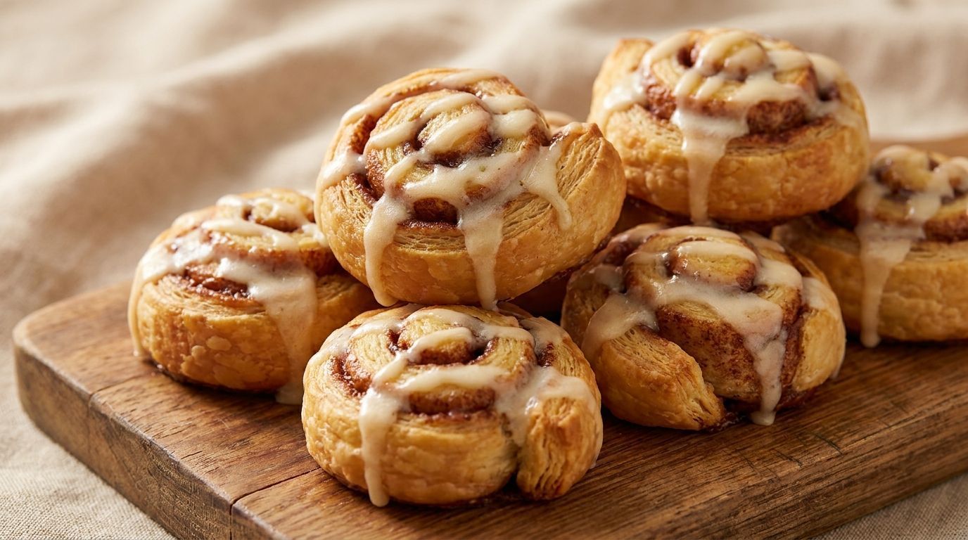 Glazed cinnamon rolls stacked on a wooden board, drizzled with icing.