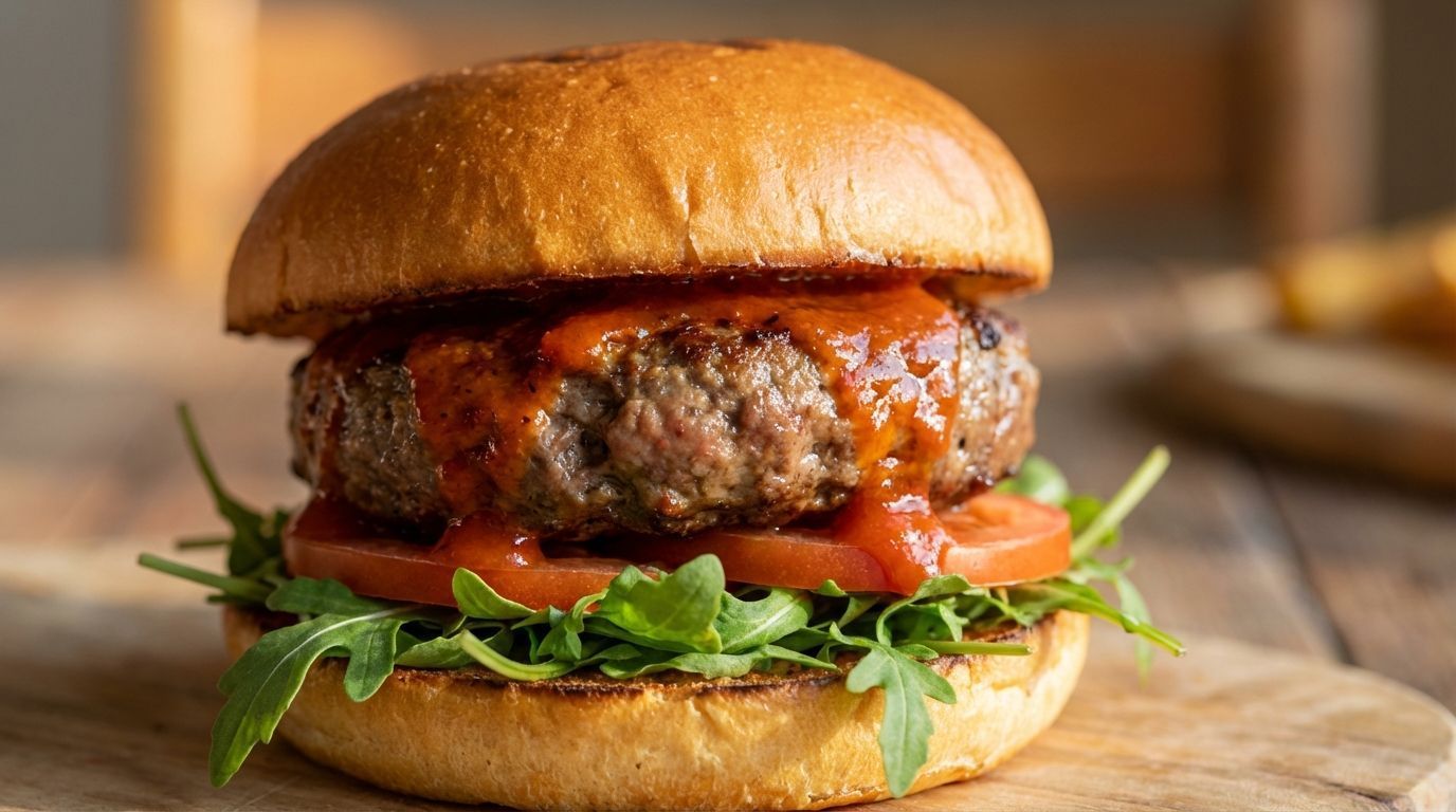 A gourmet burger with a beef patty, red sauce, tomato slice, and greens on a toasted bun sitting on a wooden board.