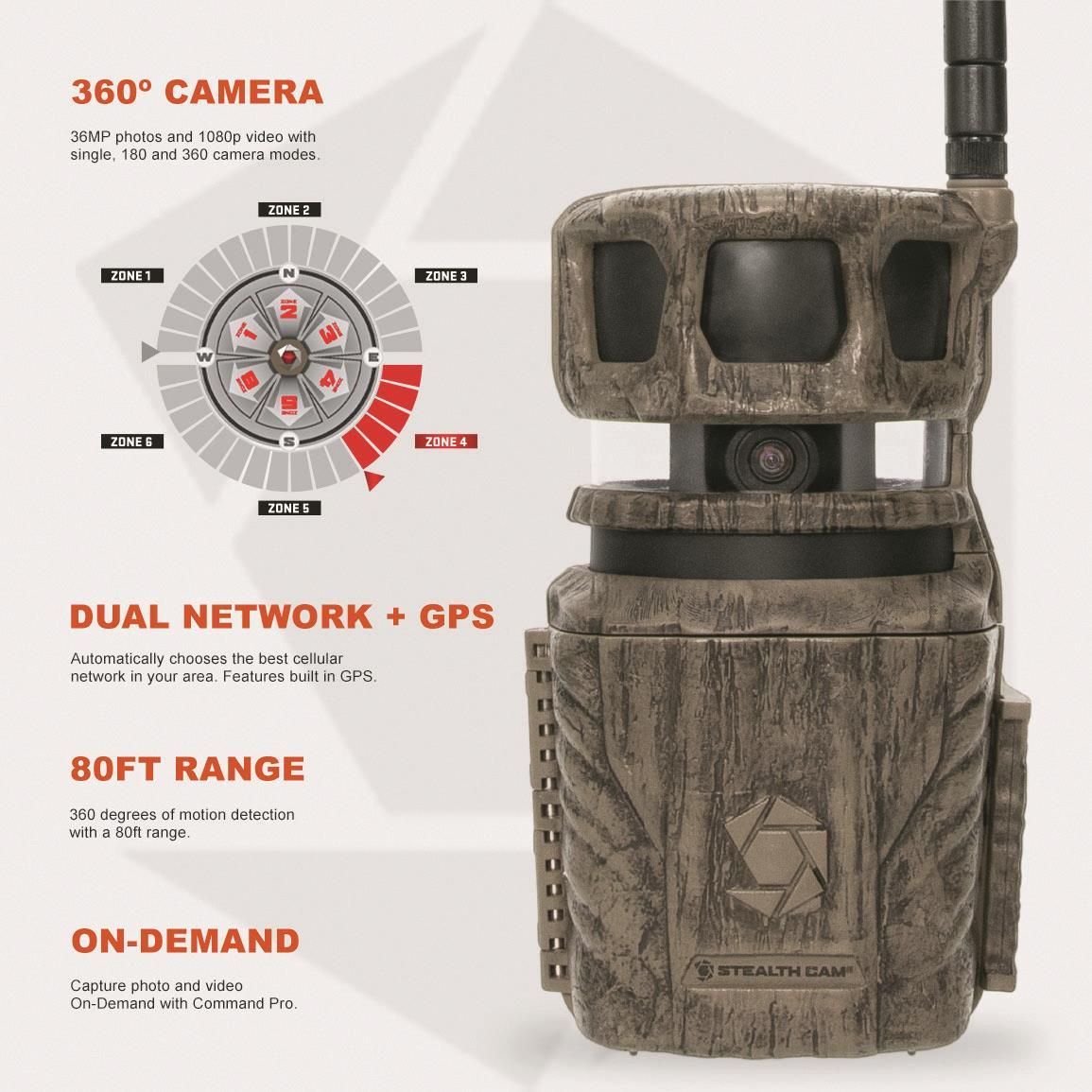 A picture of a camera that says 360 camera dual network gps soft range on demand