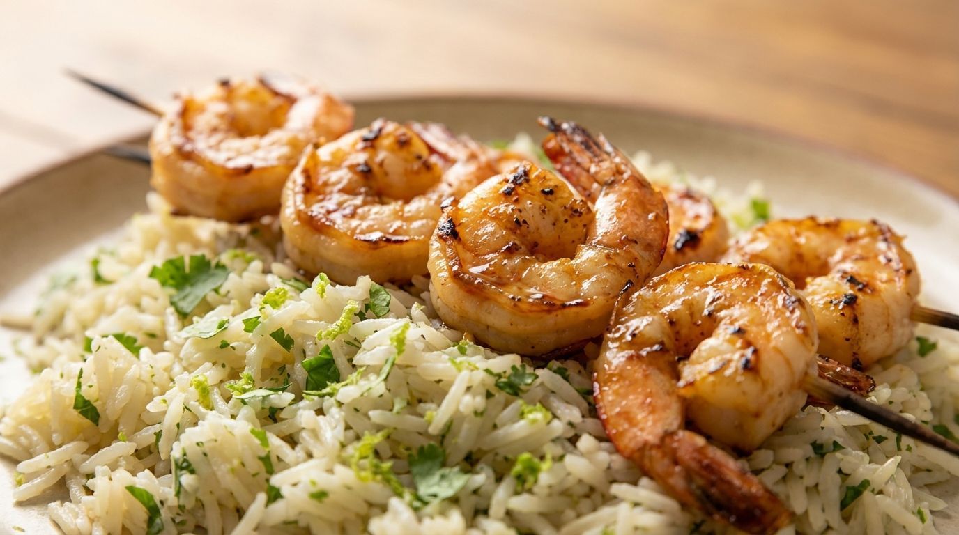 Grilled shrimp skewers served over a bed of cilantro lime rice on a plate.